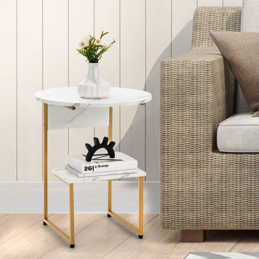 2-Tier Round End Beside Table with Metal Frame-White