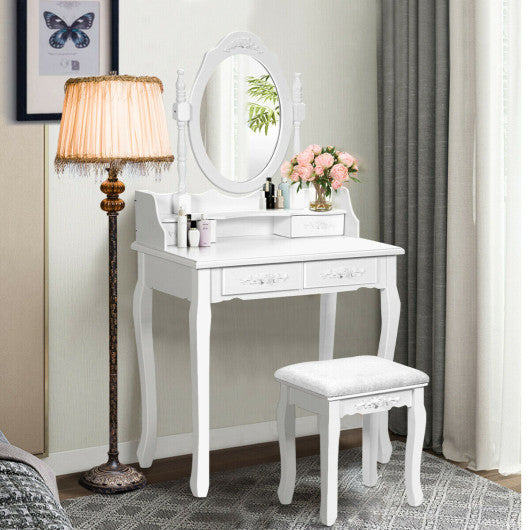 Wood Vanity Table Set with Oval Mirror and 4 Drawers for Kids Girls Women-White