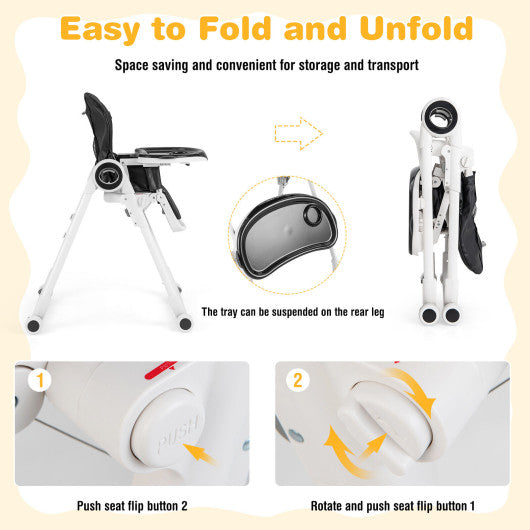 Baby High Chair Foldable Feeding Chair with 4 Lockable Wheels-Black