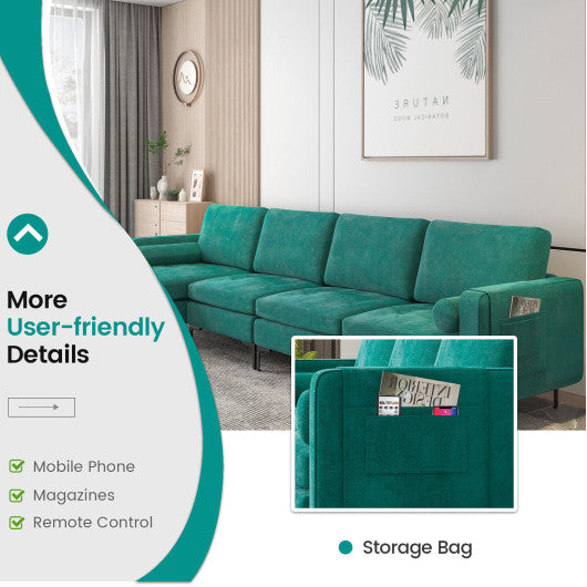 Modular L-shaped 4-Seat Sectional Sofa with Reversible Chaise and 2 USB Socket-Teal