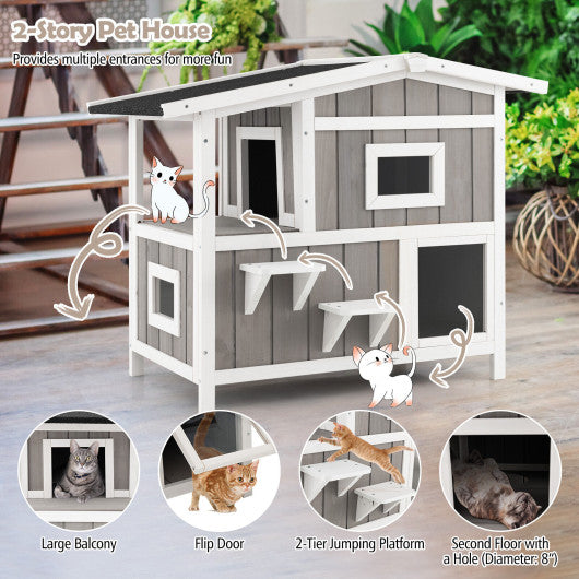 Outdoor 2-Story Wooden Feral Cat House with Escape Door-Gray