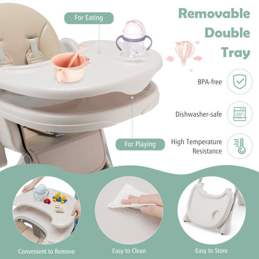 Baby Folding High Chair Dining Chair with Adjustable Height and Footrest-Beige