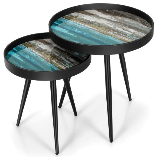 Set of 2 Stylish Nesting End Tables with Wooden Tray Top and Steel Legs-Black