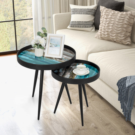 Set of 2 Stylish Nesting End Tables with Wooden Tray Top and Steel Legs-Black