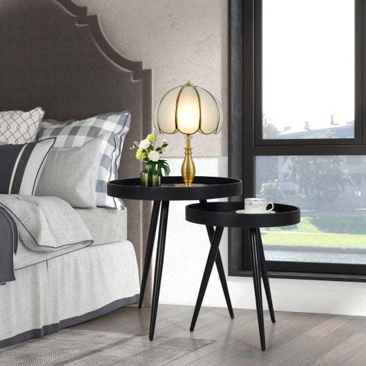 Set of 2 Stylish Nesting End Tables with Wooden Tray Top and Steel Legs-Black