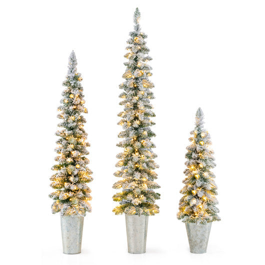 Set of 3 Pre-Lit Snow Flocked Artificial Christmas Trees witrh 423 Branch Tips