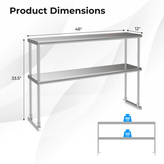 48 x 12 Inch Kitchen Stainless Steel Overshelf with Adjustable Lower Shelf
