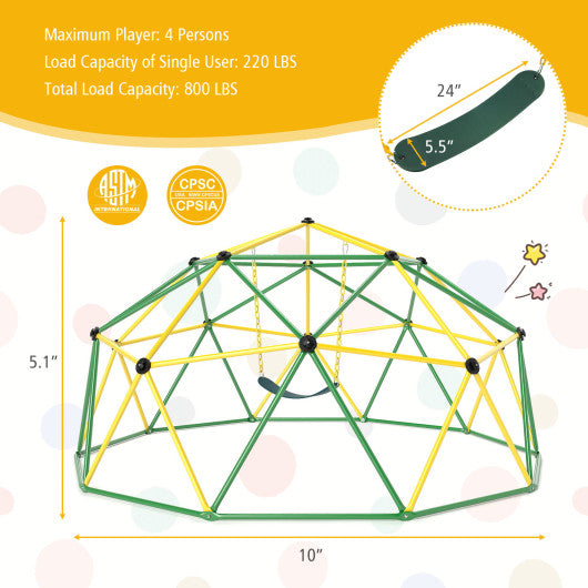 10 Feet Dome Climber with Swing and 800 Lbs Load Capacity-Green