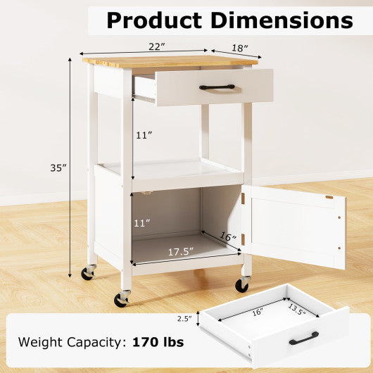 Rolling Kitchen Island Cart with Drawer and Side Hooks-White