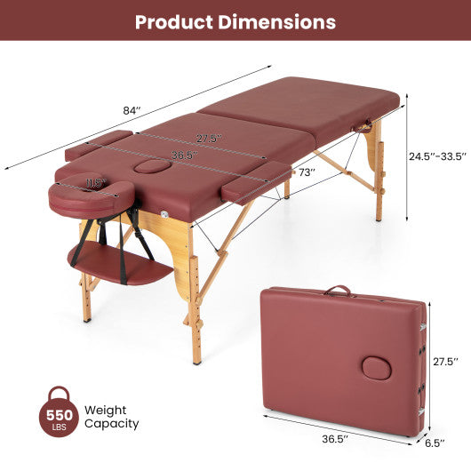 84 Inch Foldable Massage Table with Carrying Bag and Height Adjustable-Red