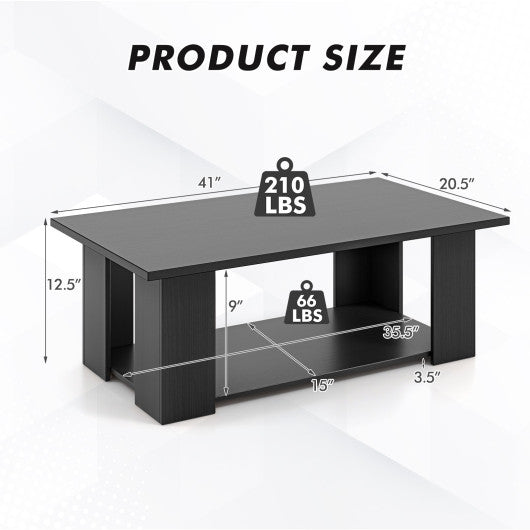 Large 36/41 Inch 2-tier Wooden Modern Coffee Table with Storage Shelf-Black