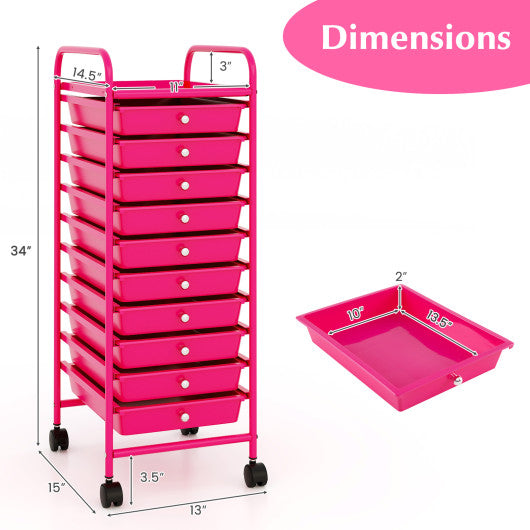 10 Drawer Rolling Storage Cart Organizer with 4 Universal Casters-Pink