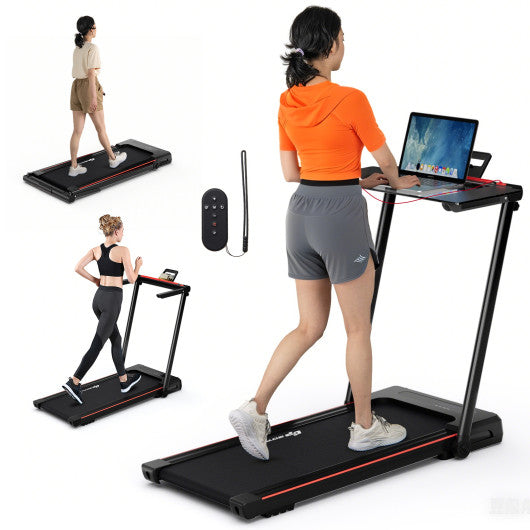 3-in-1 Folding Treadmill with Large Desk and LCD Display-Black