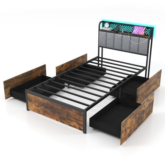 Twin/Full/Queen Bed Frame with LED Lights Upholstered Headboard and 4 Storage Drawers-Twin size