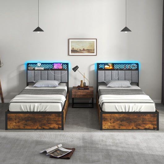 Twin/Full/Queen Bed Frame with LED Lights Upholstered Headboard and 4 Storage Drawers-Twin size
