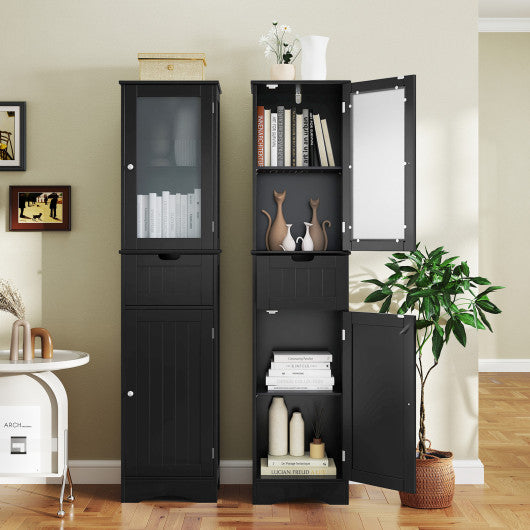 Tall Floor Storage Cabinet with 2 Doors and 1 Drawer for Bathroom-Black