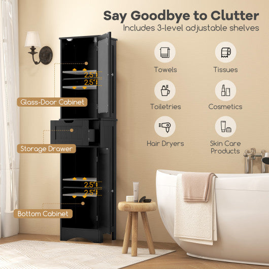Tall Floor Storage Cabinet with 2 Doors and 1 Drawer for Bathroom-Black