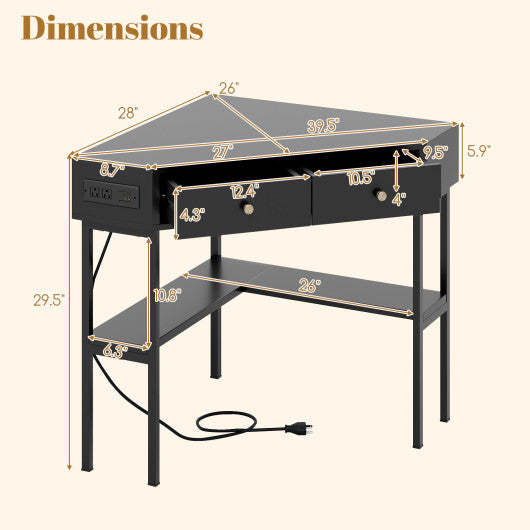 Triangle Corner Desk with Charging Station with 2 Drawers and Storage Shelf-Black