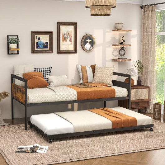 Twin Metal Daybed with Trundle Lockable Wheels-Twin Size