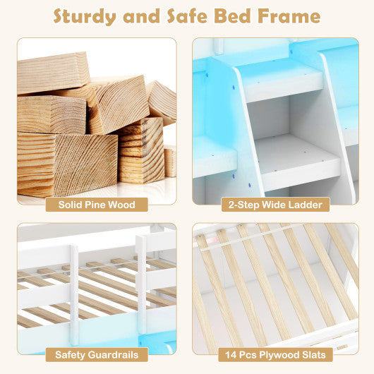 Twin Size Loft Bed with LED Lights with Staircase and Safety Guardrail-White