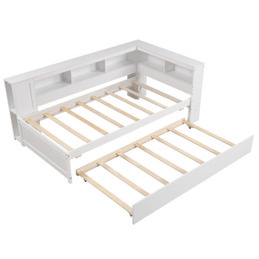 Twin Size Daybed Platform Bed Frame with Trundle and Bedside Shelves-White