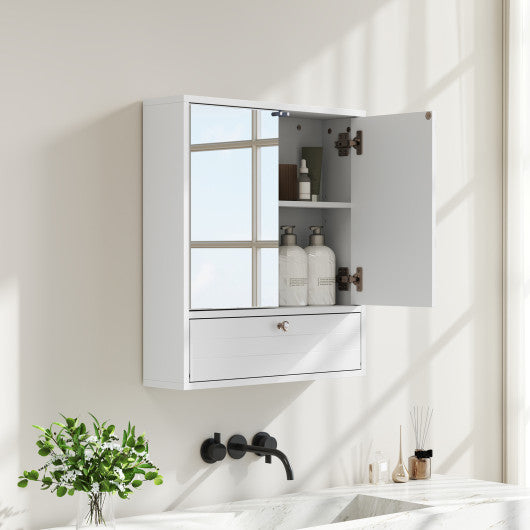 Double Door Wall-Mounted Bathroom Mirrored Medicine Cabinet-White