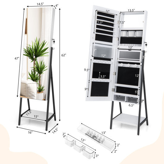 Freestanding Jewelry Cabinet with Full-Length Mirror-White