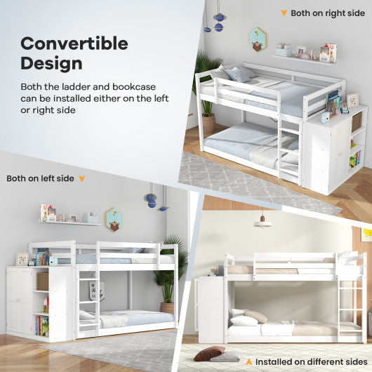 Twin Size Bunk Bed with Convertible Bookcase and Ladder-White