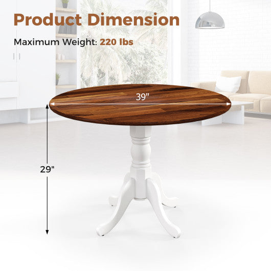Wooden Dining Table with Round Tabletop and Curved Trestle Legs-Walnut & White