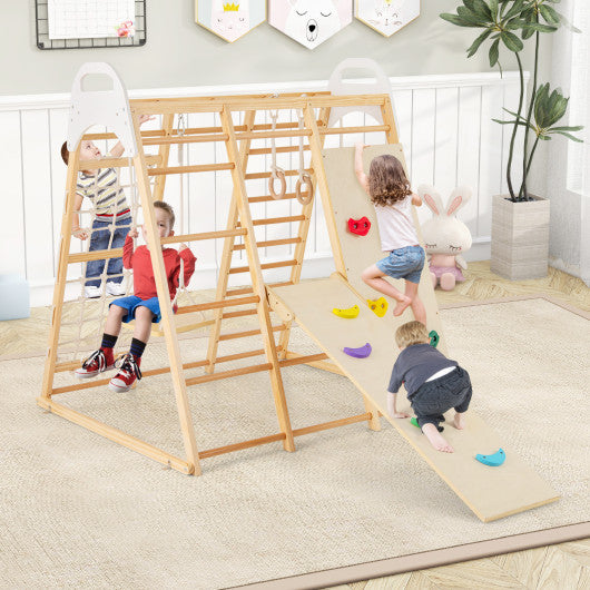 8-in-1 Wooden Jungle Gym Playset with Slide and Monkey Bars-Natural