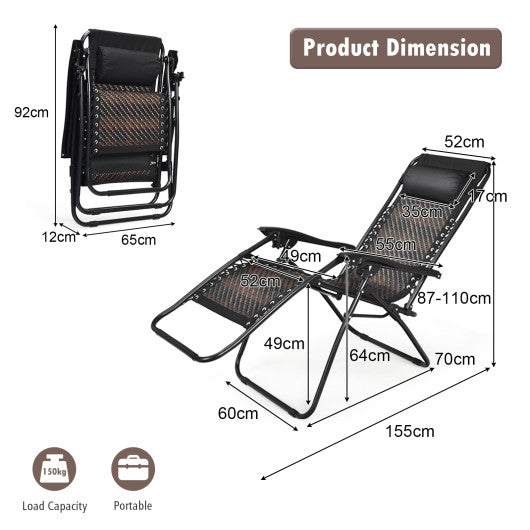 2 Pieces Folding Patio Rattan Zero Gravity Lounge Chair-Brown