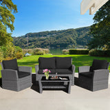 4 Pieces Patio Rattan Furniture Set Sofa Table with Storage Shelf Cushion-Black