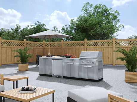 Outdoor Kitchen Stainless Steel 6 Piece Cabinet Set with Sink, Bar, Grill Cabinet, Performance Grill, Countertop and Stainless Steel Door Fridge