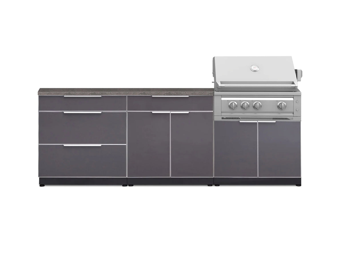 Outdoor Kitchen Aluminum 5 Piece Cabinet Set with 3 Drawer, Bar, Grill Cabinet, Platinum Grill and Countertop