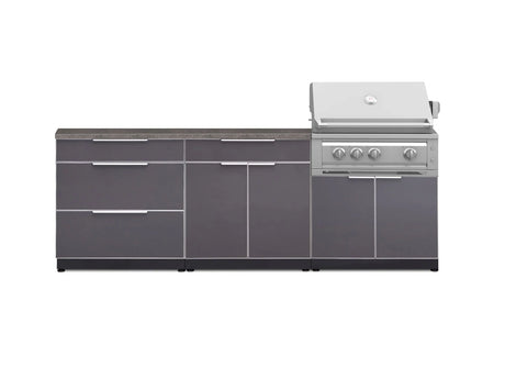 Outdoor Kitchen Aluminum 5 Piece Cabinet Set with 3 Drawer, Bar, Grill Cabinet, Platinum Grill and Countertop