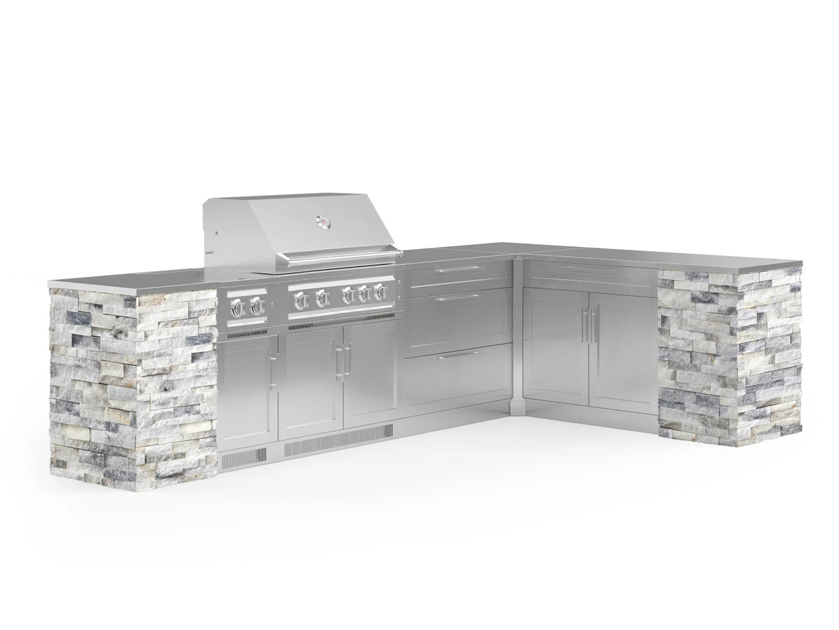 Outdoor Kitchen Signature Series 11 Piece L Shaped Cabinet Set with 3 Drawer, Bar, Dual Side Burner, Grill and Grill Cabinet