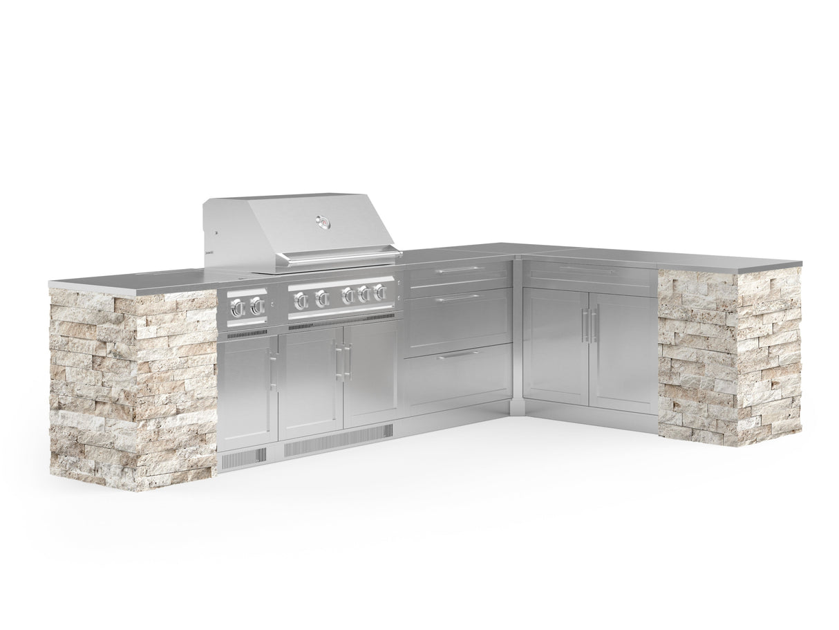 Outdoor Kitchen Signature Series 11 Piece L Shaped Cabinet Set with 3 Drawer, Bar, Dual Side Burner, Grill and Grill Cabinet