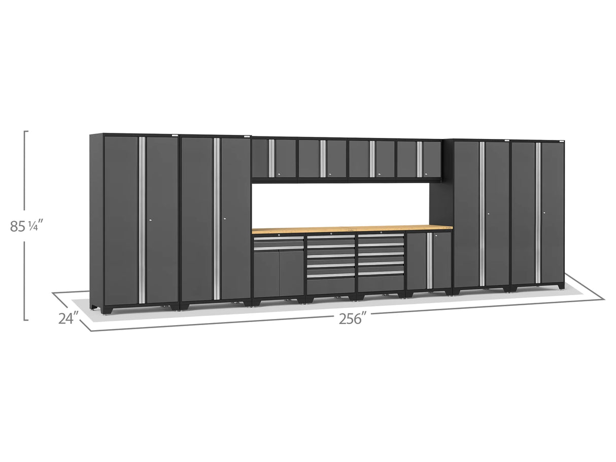 Pro Series 14 Piece Cabinet Set with Lockers, Base, Wall, Tool Drawer, Multi-Function Cabinets and 56 In. Worktop