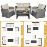 4 Pieces Patio Rattan Furniture Set Sofa Table with Storage Shelf Cushion-Khaki