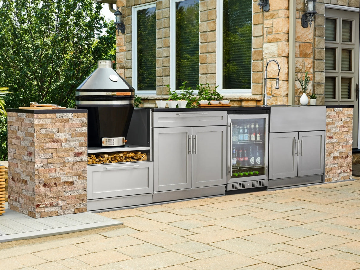 Outdoor Kitchen Signature Series 11 Piece L Shaped Cabinet Set with 3 Drawer, Bar, Dual Side Burner, Grill and Grill Cabinet