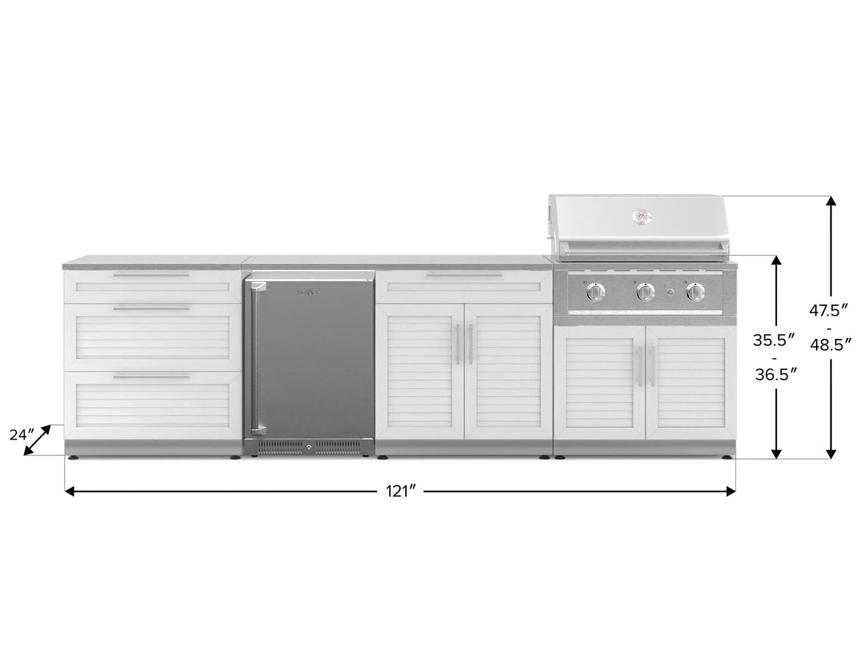 Outdoor Kitchen Stainless Steel 7 Piece Cabinet Set with 3-Drawer, Bar, Grill Cabinet, Performance Grill, Countertop, and Stainless Steel Door Fridge