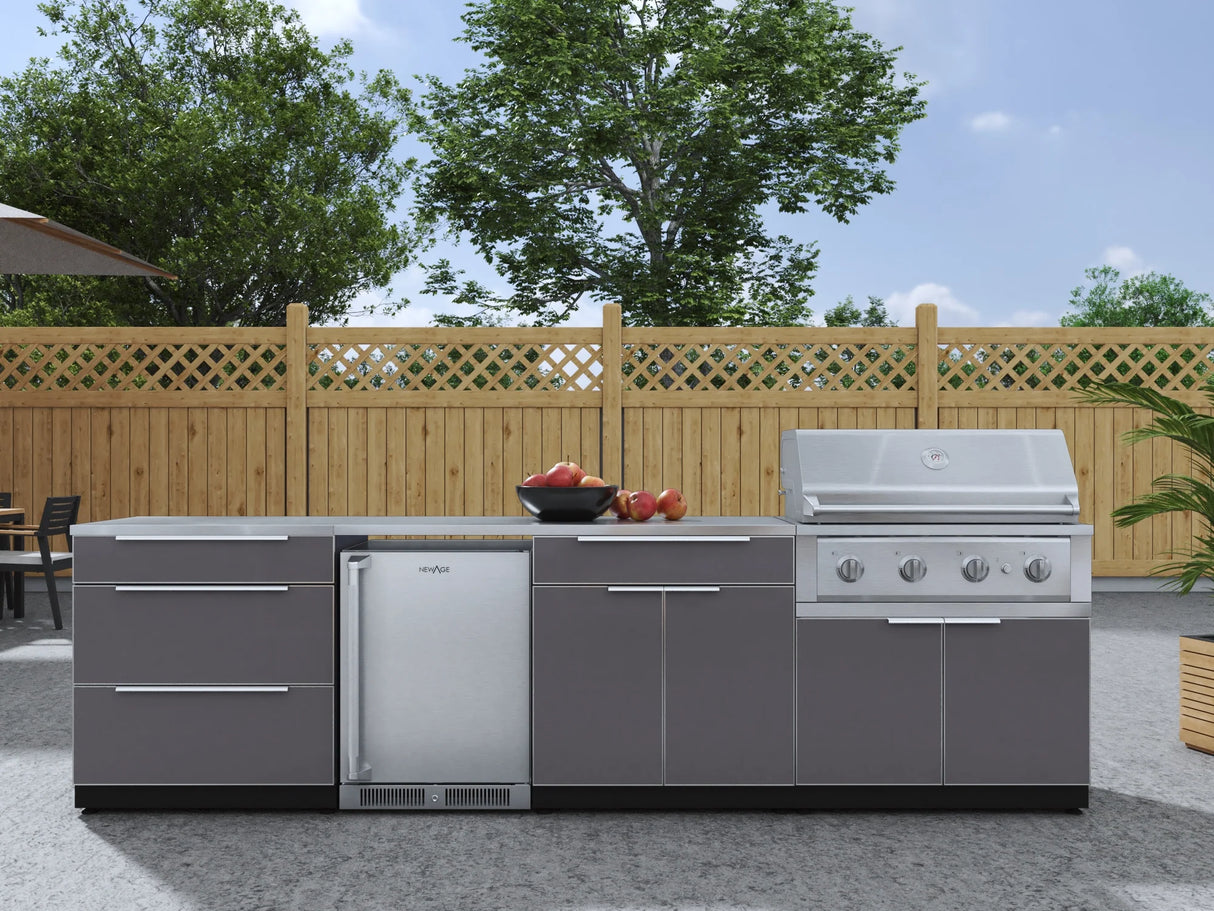 Outdoor Kitchen Aluminum 7 Piece Cabinet Set with 3-Drawer, Bar, Grill Cabinet, Performance Grill, Countertops and Stainless Steel Door Fridge