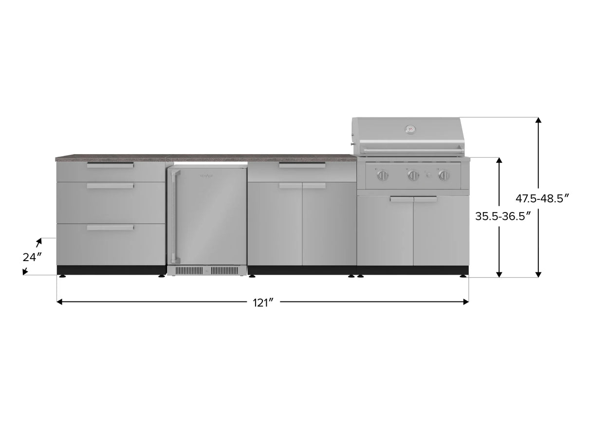 Outdoor Kitchen Stainless Steel 7 Piece Cabinet Set with 3-Drawer, Bar, Grill Cabinet, Performance Grill, Countertop, and Stainless Steel Door Fridge