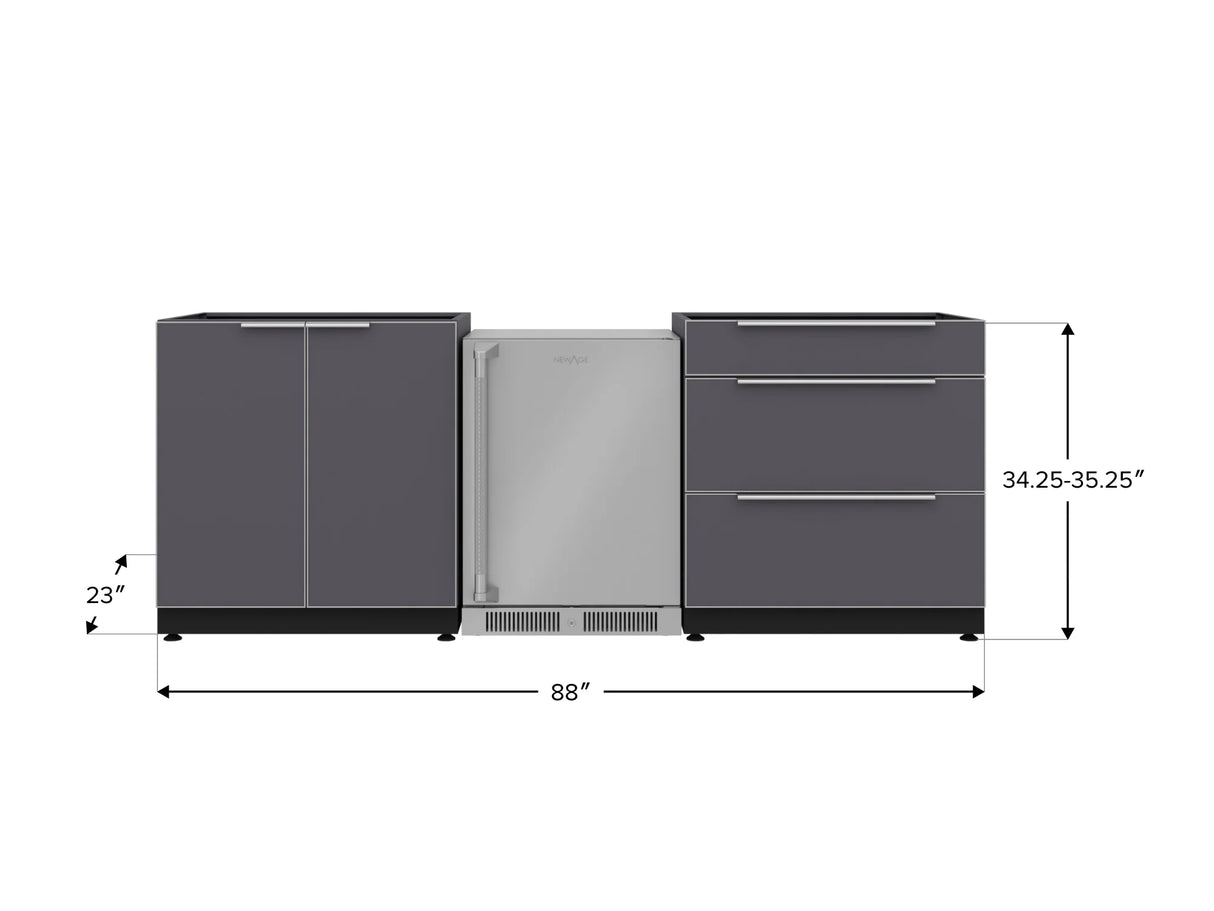 Outdoor Kitchen Aluminum 3 Piece Cabinet Set with 3-Drawer, 2-Door Cabinet and Fridge