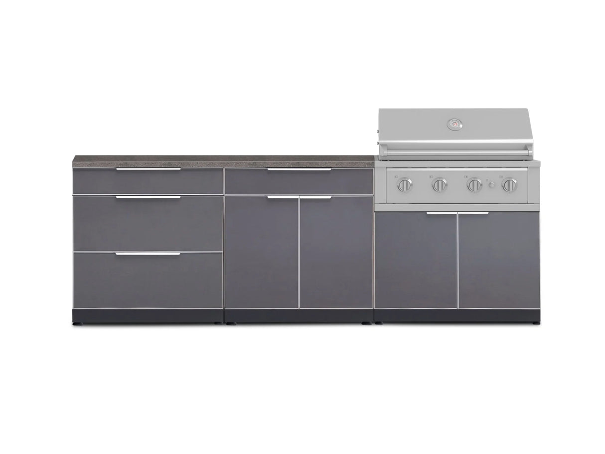 Outdoor Kitchen Aluminum 5 Piece Cabinet Set with 3 Drawer, Bar, Grill Cabinet, Performance Grill and Countertop