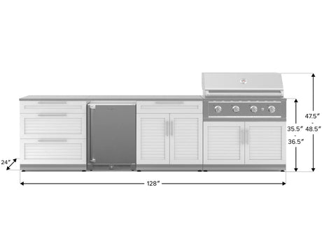 Outdoor Kitchen Stainless Steel 7 Piece Cabinet Set with 3-Drawer, Bar, Grill Cabinet, Performance Grill, Countertop, and Stainless Steel Door Fridge