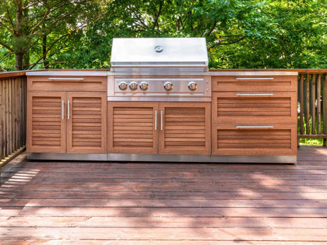 Outdoor Kitchen Stainless-Steel 7 Piece Cabinet Set with 2 Door, Bar, Corner, Grill Cabinet, Platinum Grill, and Countertops