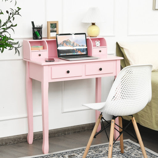 Writing Desk 2-Tier Vanity Desk Computer Desk with 4 Drawers-Pink
