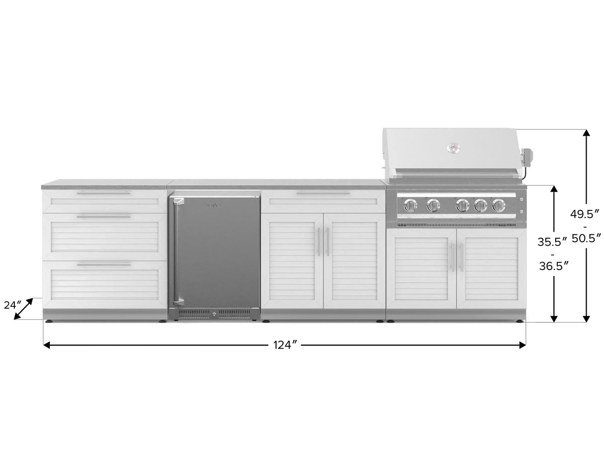 Outdoor Kitchen Stainless Steel 7 Piece Cabinet Set with 3-Drawer, Bar, Grill Cabinet, Platinum Grill, Countertop, and Stainless Steel Door Fridge