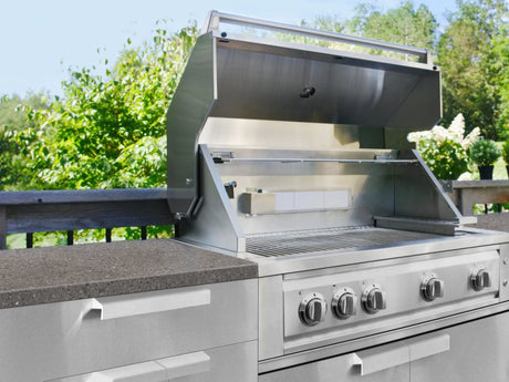 Outdoor Kitchen Stainless-Steel 4 Piece Cabinet Set with Bar, Grill Cabinet, Performance Grill, and Countertop